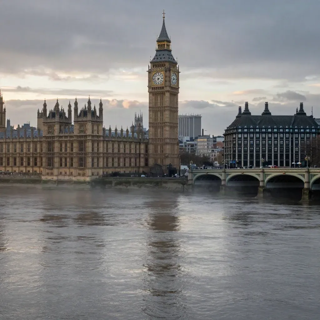 Westminster and the Thames at blue hour with Elizabeth Tower high above calm river haze