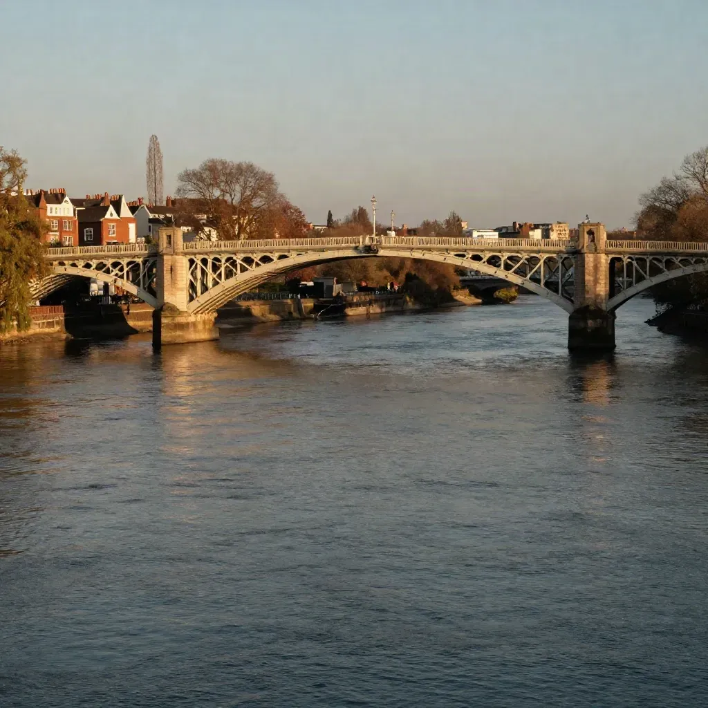 Hammersmith Bridge glowing over the Thames bend at golden hour, with calm water below.