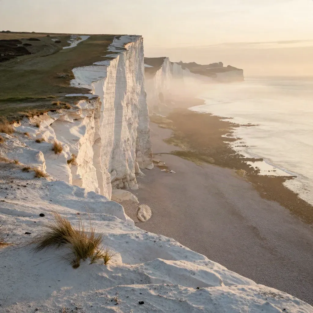 White cliffs at sunset with sea mist and a calm pale shoreline.