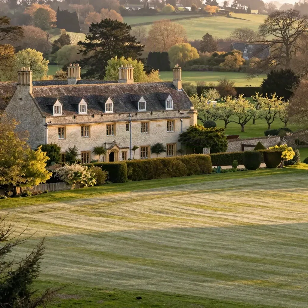Berkshire manor roofline above quiet parkland and orchard rows in warm evening haze