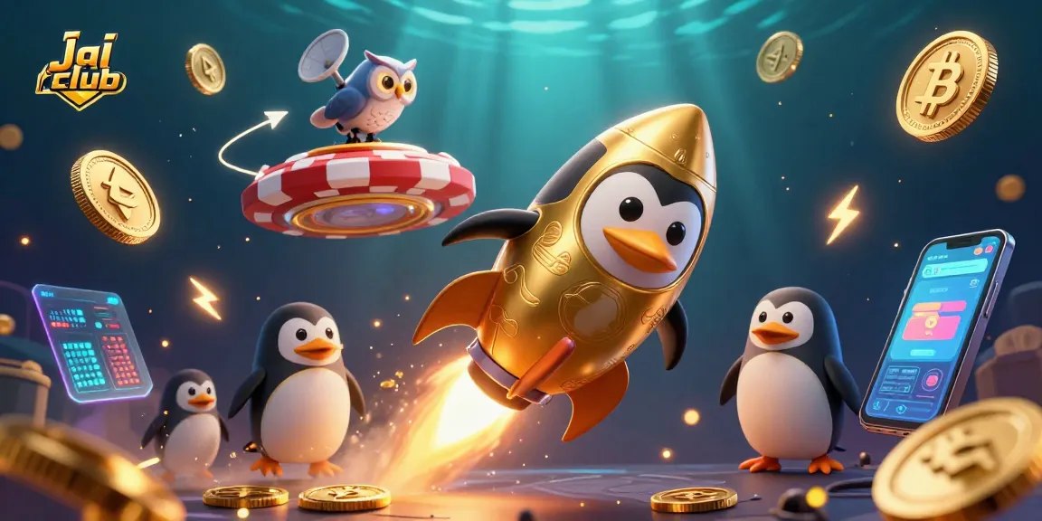 Experience the excitement of Jai club as a golden penguin races through space towards a casino station.