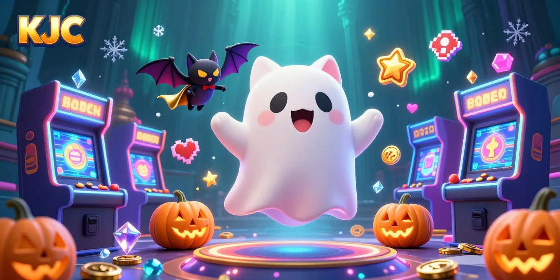 KJC showcases an engaging 3D ghost cat and bat in a lively casino setting with glowing elements.
