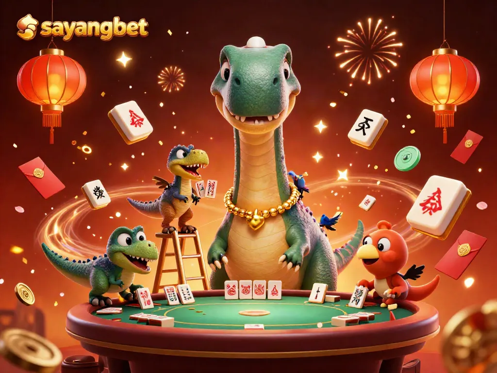 Experience the excitement of sayangbet with a vibrant 3D casino scene featuring a brontosaurus and raptor.