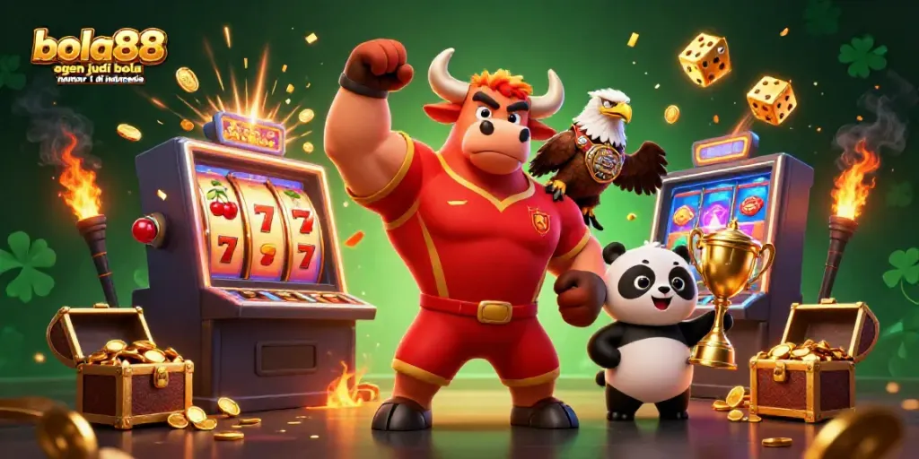 Bola88 agen judi bola nomor 1 di indonesia features a victory pose by a bull mascot with game elements bursting around.