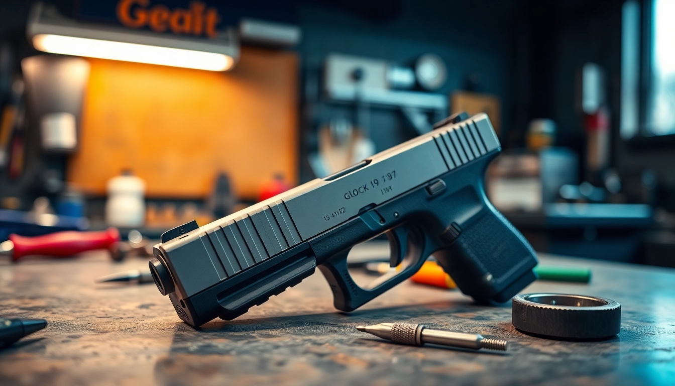 Showcasing a glock 19 slide on a workbench with precision tools and great craftsmanship