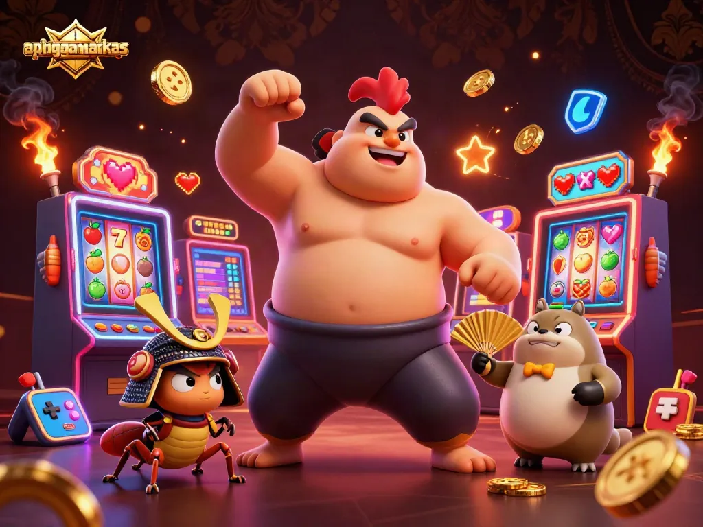 Engage with exciting games at apinagamarkas featuring a powerful sumo wrestler rooster amidst dynamic slot machines.