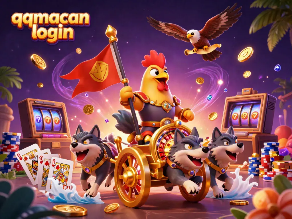 Experience the excitement of qqmacan login with a vibrant 3D scene of casino elements and characters.