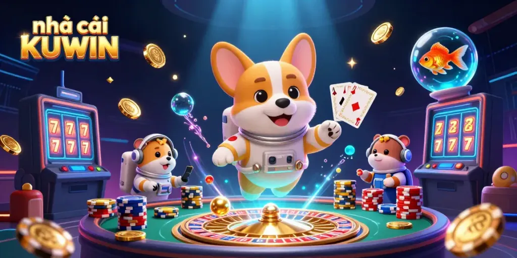 Engaging scene at nhà cái KUWIN featuring central cartoon astronaut corgi amid drifting poker chips and coins, set in a cosmic casino.