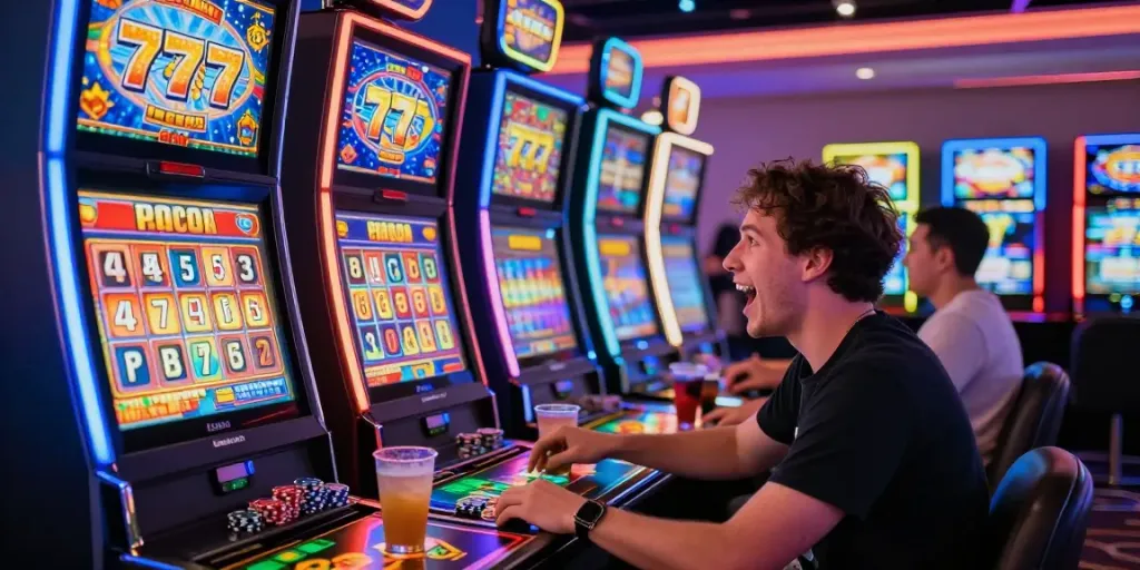 Pengalaman bermain slot777 di kasino dengan cahaya cerah dan suasana meriah.