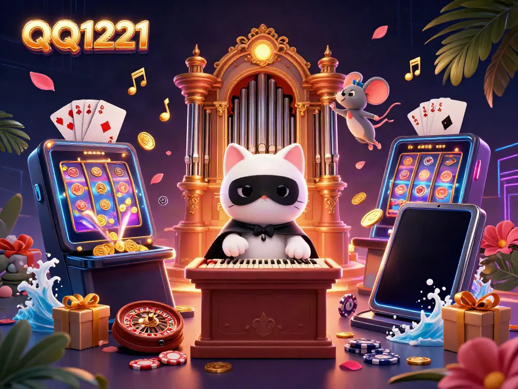 Engage with QQ1221's vibrant casino scene displaying thrilling slots, animated characters, and excitement.