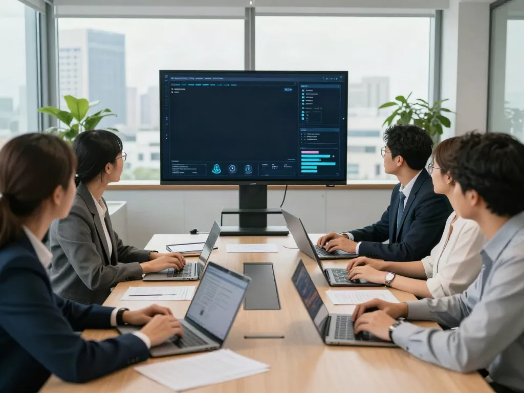Deepfake protected meetings with a diverse team collaborating in a modern office