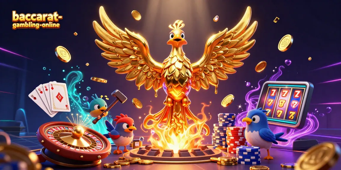 Baccarat-gambling-online scene showcasing a golden phoenix and casino elements in a vibrant casino atmosphere.