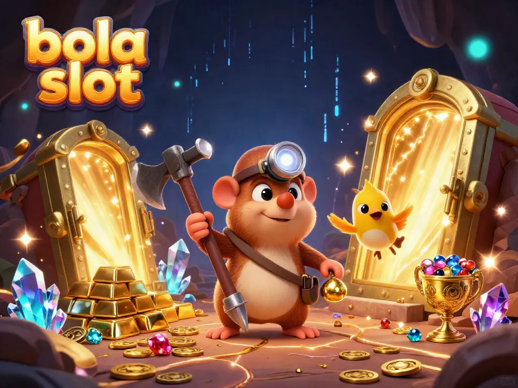 Bola slot showcases treasure hunting excitement with a 3D mole and canary among gems.