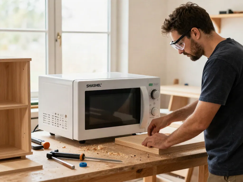 SHASHEL® microwave equipment effectively eliminating wood-boring insects in a workshop setting.