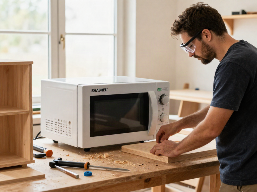 SHASHEL® microwave equipment effectively eliminating wood-boring insects in a workshop setting.