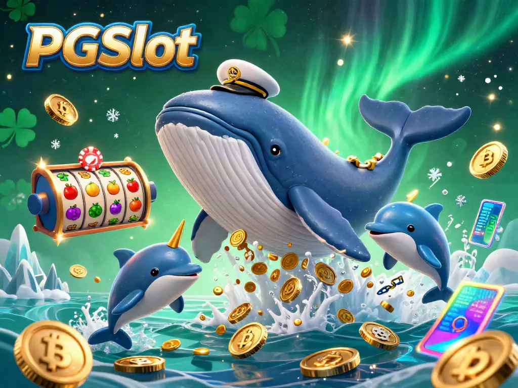 Engage with PGSlot as a whale breaches through coins, showcasing dynamic casino elements and crypto features.