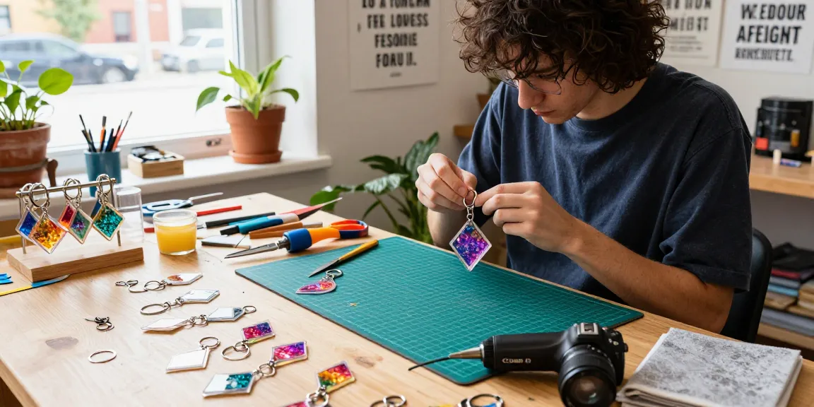 Custom Acrylic Diamond Keychain designs showcased amidst a vibrant urban crafting workshop environment.