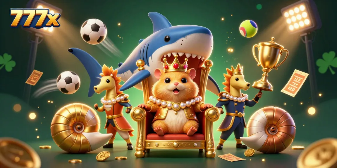 Engage with the exciting world of 777x online gaming featuring a dynamic scene of whimsical characters, sports elements, and casino excitement.