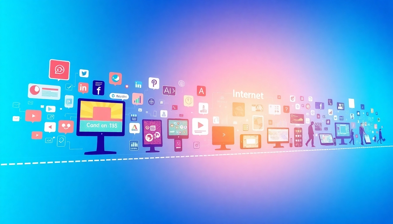 Explore the evolution of internet history through a dynamic timeline illustration.