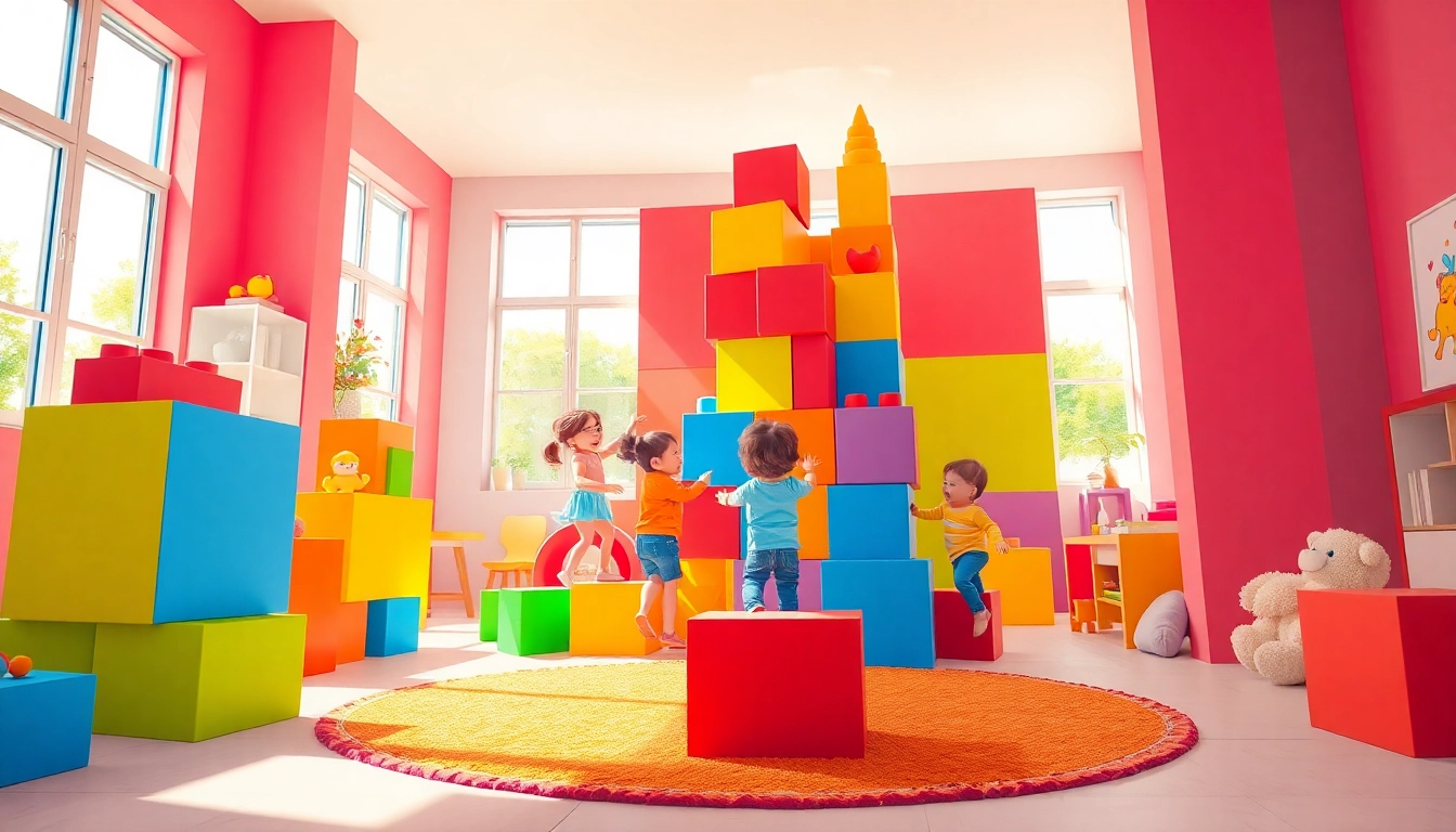 Discover more about kids engaging with giant building blocks in a colorful playroom.
