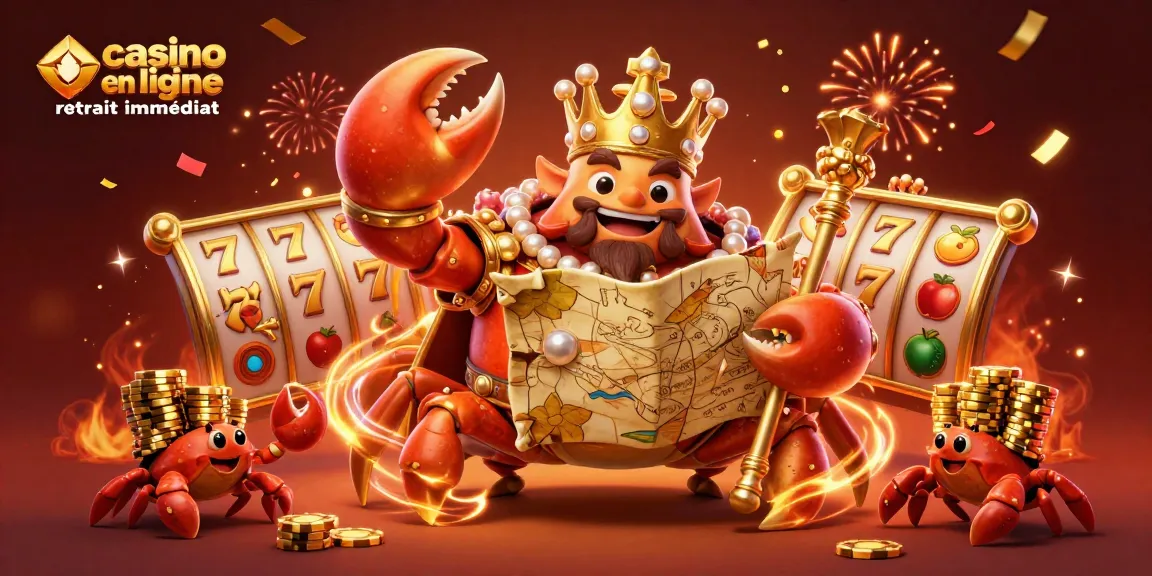 Jouez au casino en ligne retrait immédiat avec un empereur crabe doré et des éléments de machines à sous.