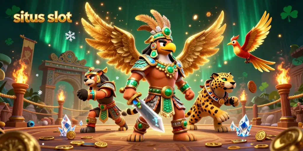 Menggandakan keseruan permainan situs slot dengan karakter pejuang Aztec, elang, dan uang emas berserakan.