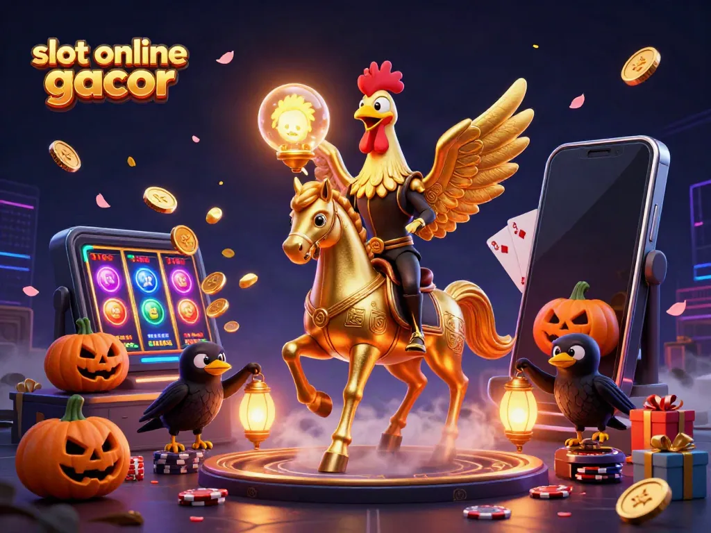 Engage with slot online gacor showcasing a golden rooster riding a spectral horse in a vibrant casino scene.