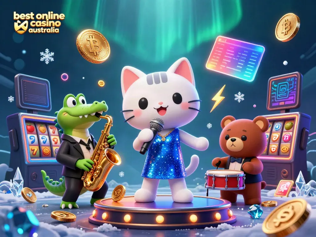 A vibrant scene showcasing the best online casino Australia, featuring lively cartoon animals on a casino stage amidst crypto coins and game elements.