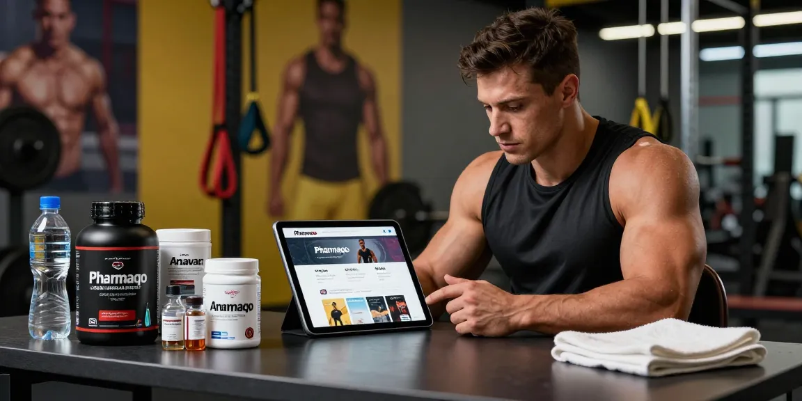 Bodybuilder exploring the Pharmaqo shop for anabolic steroids in a motivating gym environment