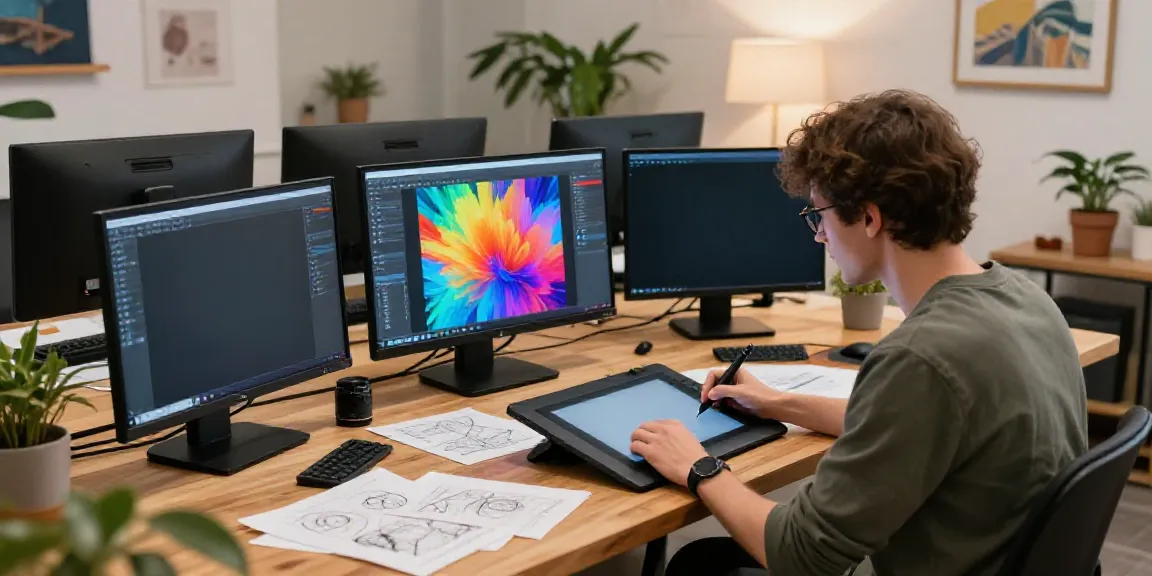 Artist using an AI picture generator in a vibrant digital art studio.