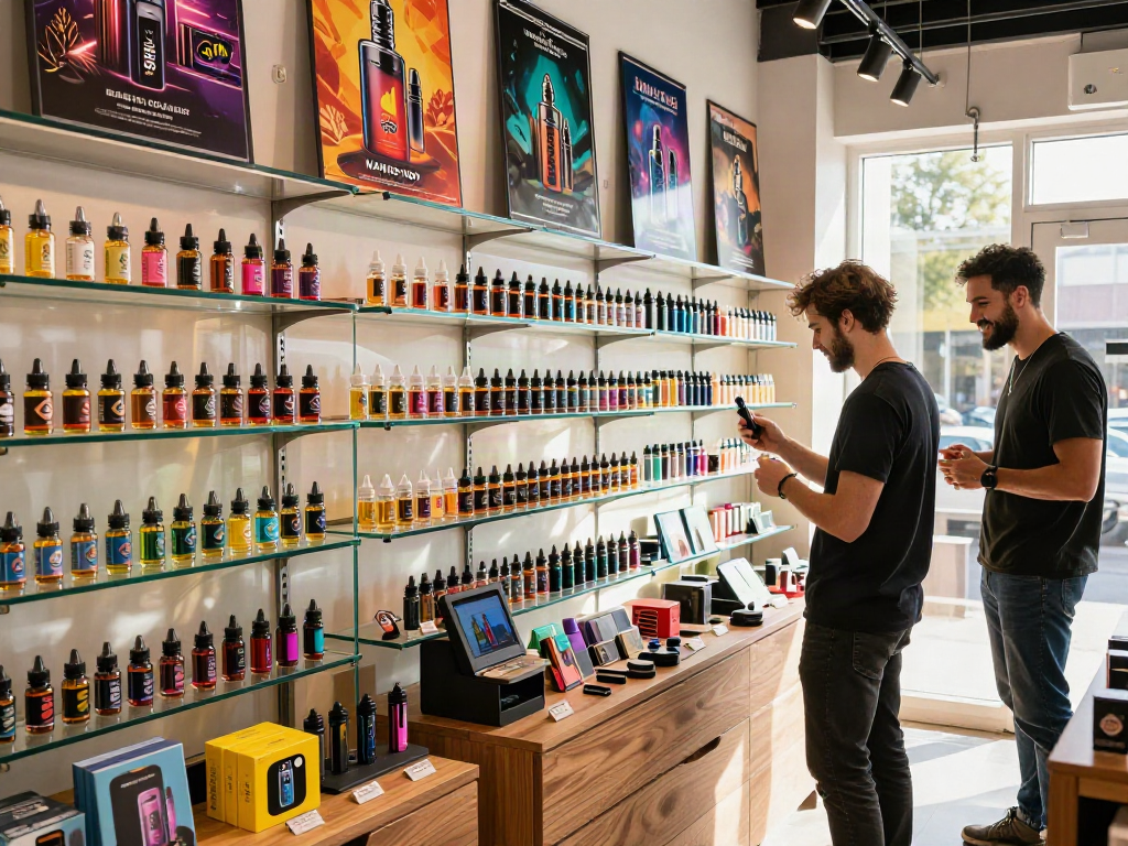 Customer exploring vape e liquid selection in a modern vape shop.