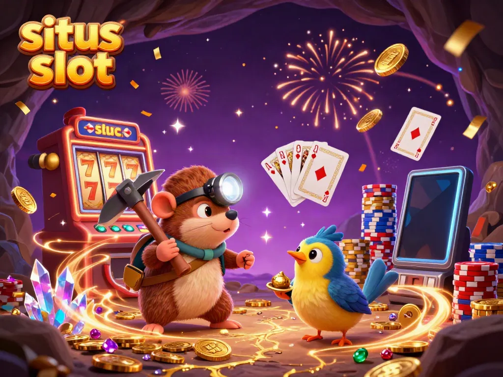 Mole berburu harta karun dalam dunia kasino, menampilkan situs slot dengan koin emas dan permainan.