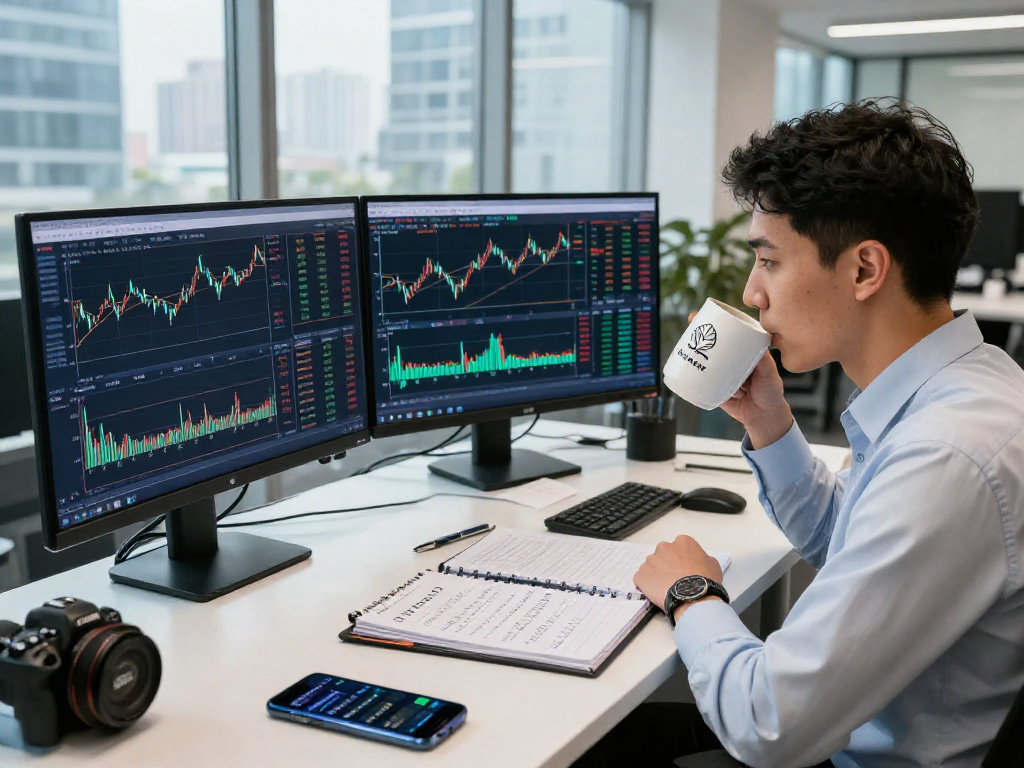 Trader using metatrader 5 in a modern office with multiple screens showing market data and charts, analyzing trends and trading strategies.
