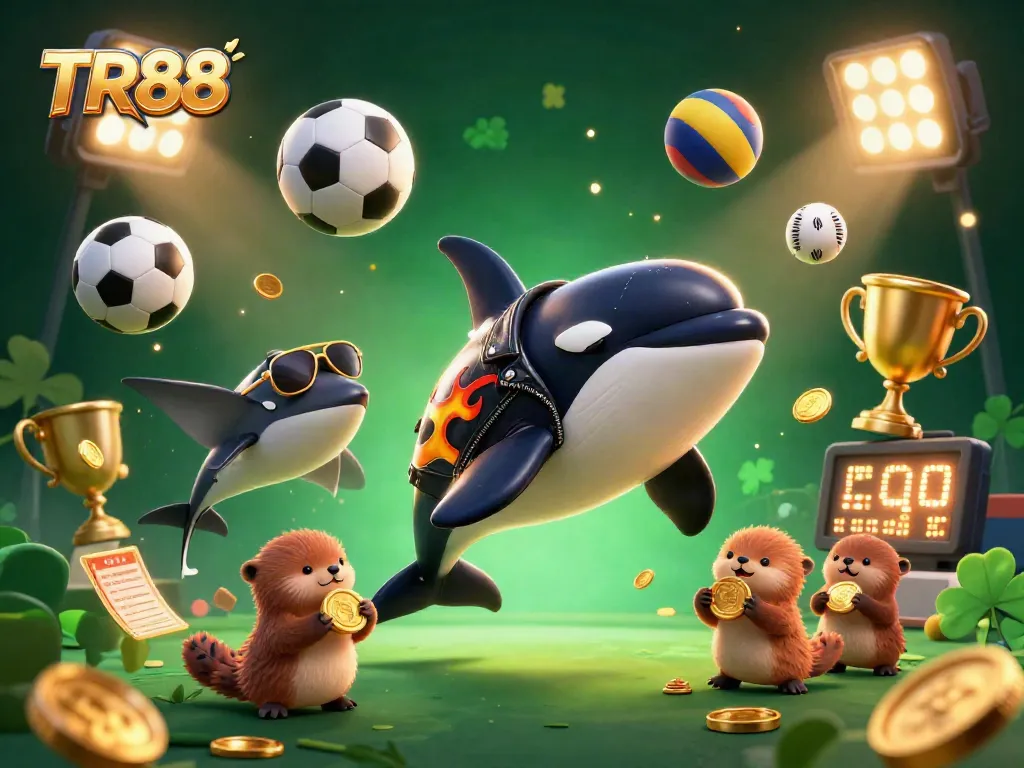 TR88 showcases dynamic gambling fun with an orca in a jacket, sea otters with coins, and lively sports elements.