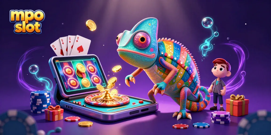 Engage with mpo slot in a vibrant casino scene showcasing a chameleon owner and slot game excitement.