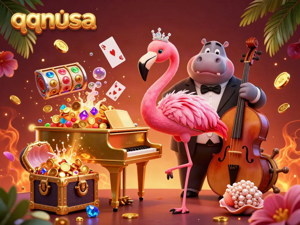 Experience the excitement of qqnusa with a vibrant flamingo singer and hippo bassist at an elaborate casino scene.