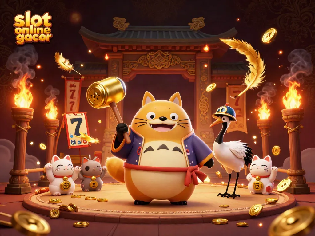 Experience slot online gacor with a cheerful tanuki and colorful fortune cats in a vibrant casino scene.