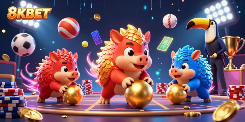 Experience thrilling casino action at 8KBET with animated pangolins and dynamic gaming elements.