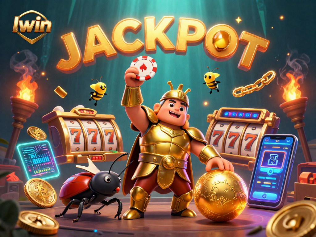 Iwin players celebrate a jackpot win with a triumphant beetle in golden armor, surrounded by vibrant slot machine elements.