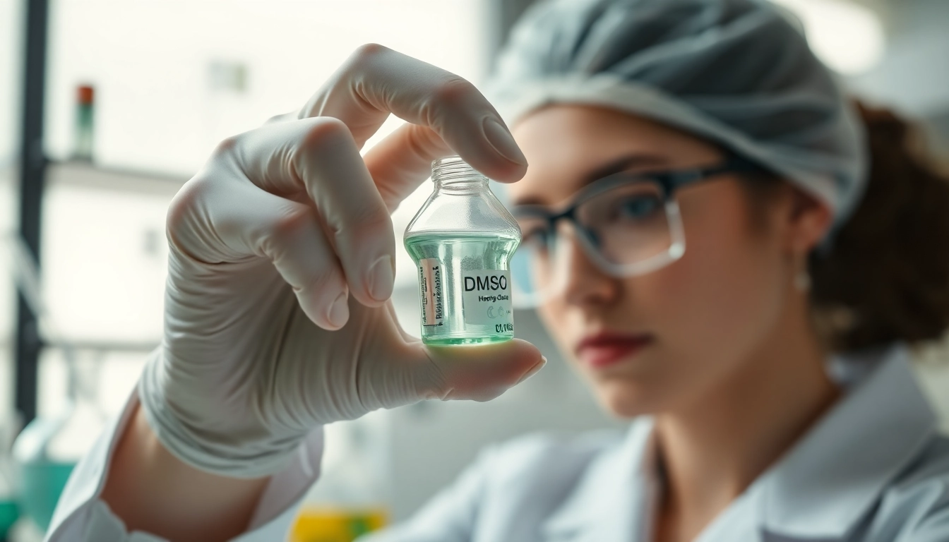 Examine dmso organic in a clear vial within a professional lab, showcasing purity and clarity.