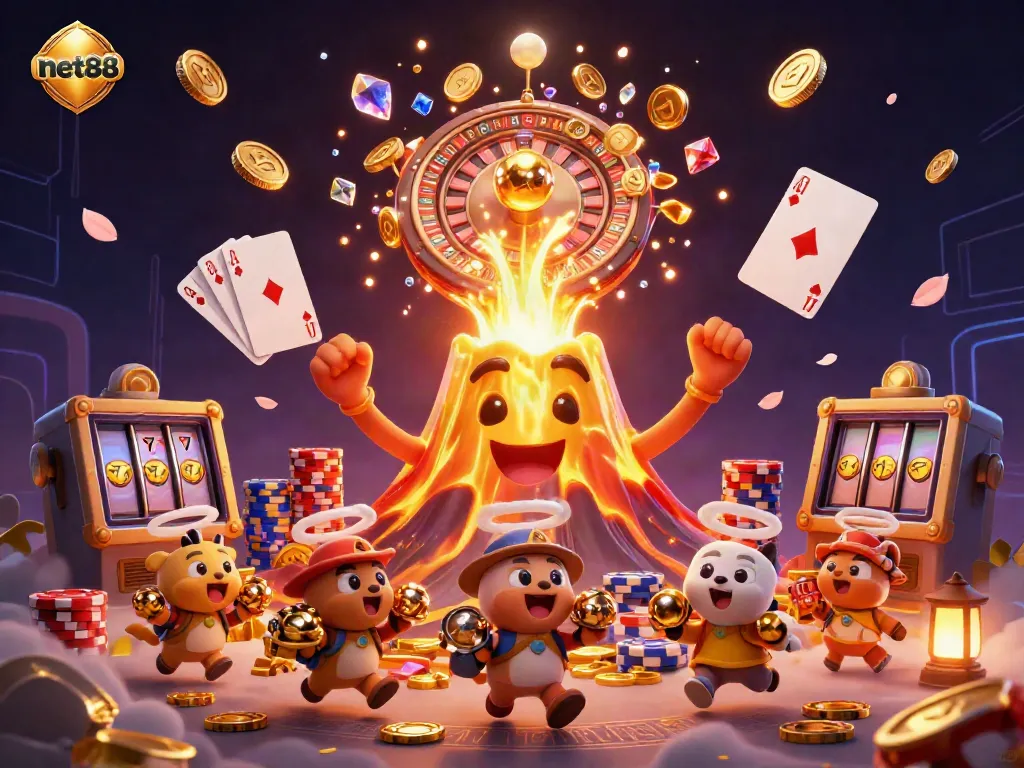 Experience the thrill of net88 with a vibrant scene of treasure, games, and excitement in a lavish 3D casino.