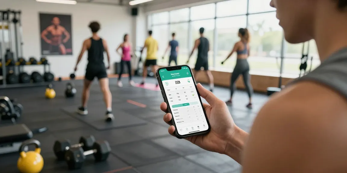 Tracking calories with the best AI calorie tracker on a smartphone in a bright gym