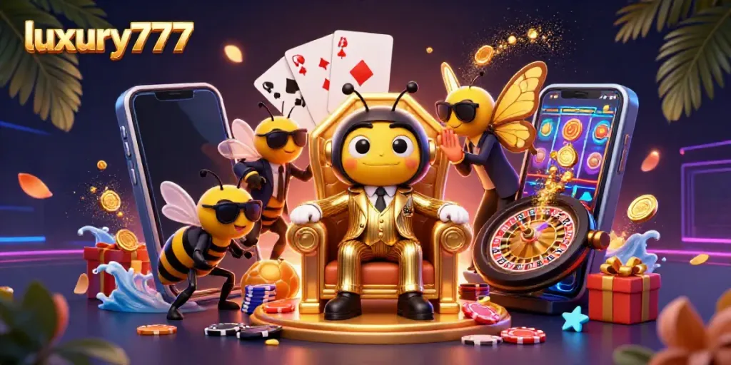 Experience the exciting world of luxury777 casino with golden pinstripe characters and colorful gaming elements.