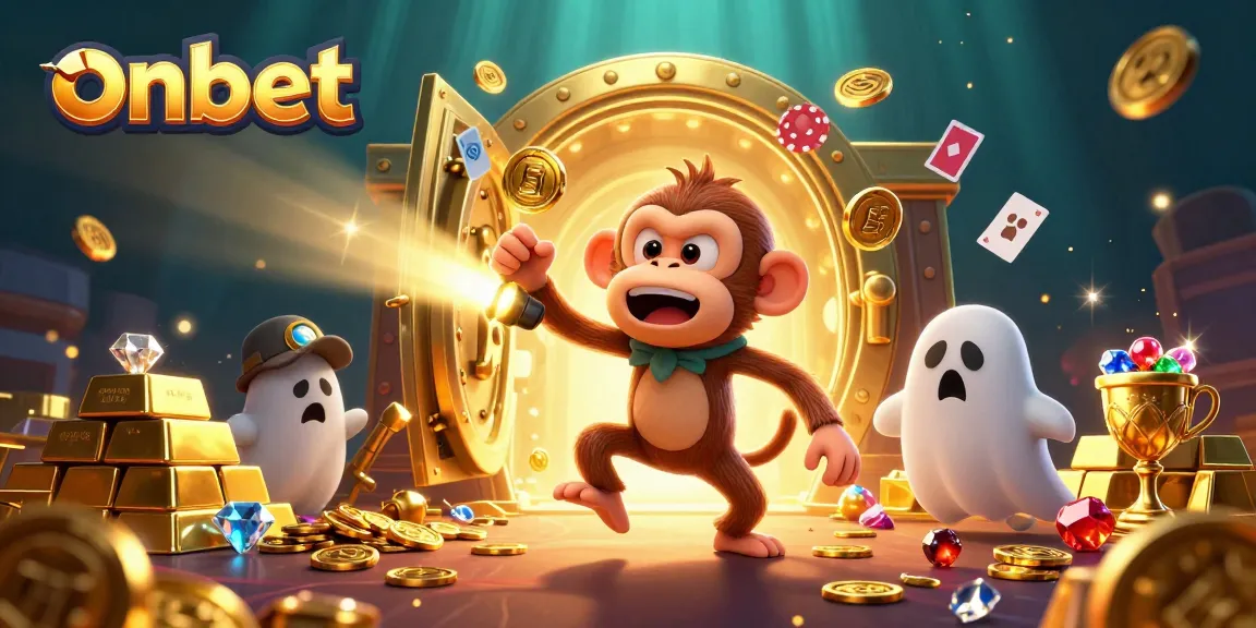 Experience thrilling gaming at onbet with a ghostly monkey juggling treasures in a haunted casino.