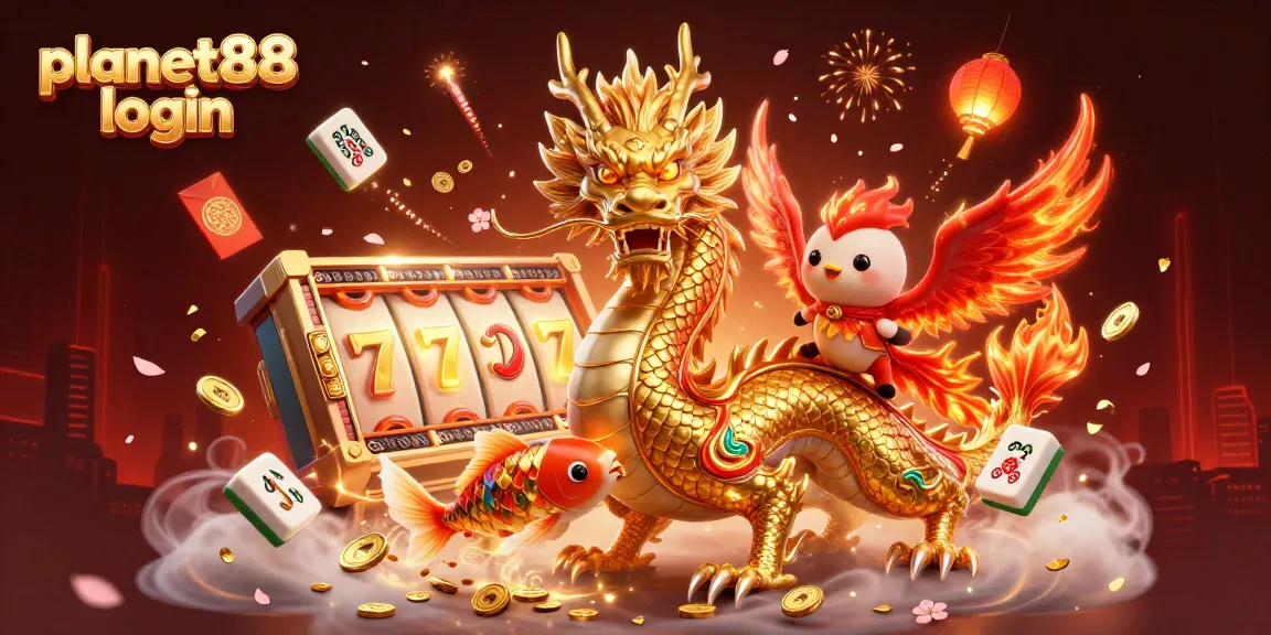 Experience thrilling wins with planet88 login in a vibrant 3D gambling-themed scene featuring a dragon, phoenix, and koi fish.