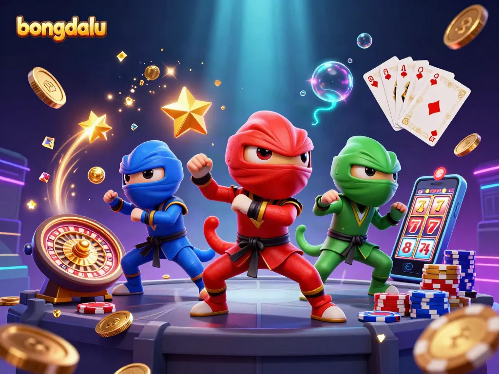 Bongdalu showcases a dynamic scene with ninja chameleons performing martial arts among vibrant casino elements.