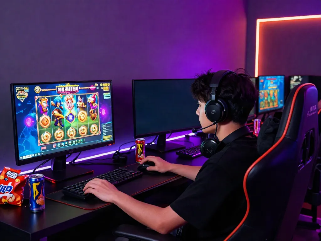 Gamer enjoying an engaging slot game experience on a gaming monitor showcasing สล็อตเว็บตรง graphics.