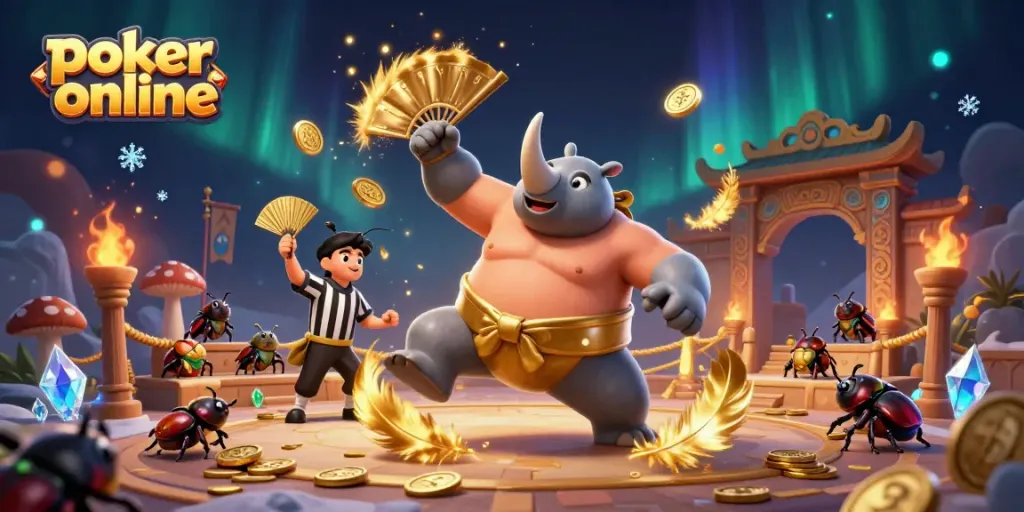Experience poker online excitement with cartoon rhino beetle champion in a vibrant casino-themed scene.