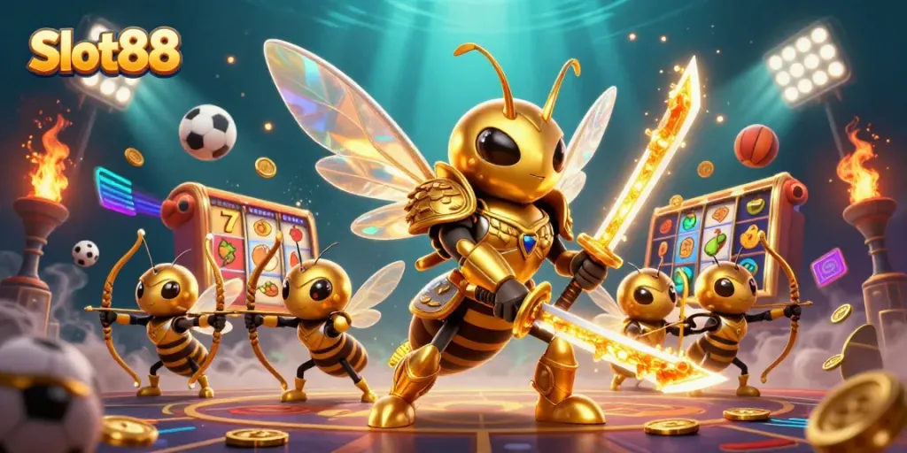 Slot88 berkelap-kelip dengan simbol mesin slot dalam ilustrasi kasino yang dinamis.