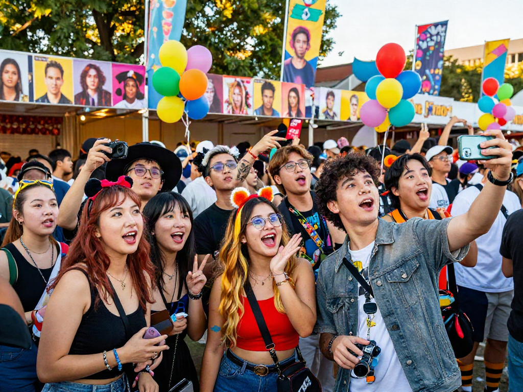 Crowd at a celebrity look alike event, showcasing vibrant costumes and joyful expressions.